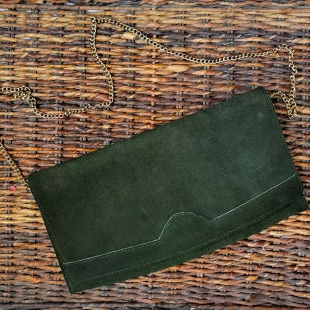 Handmade Green Suede and Leather Clutch with Gold/Silver Chain